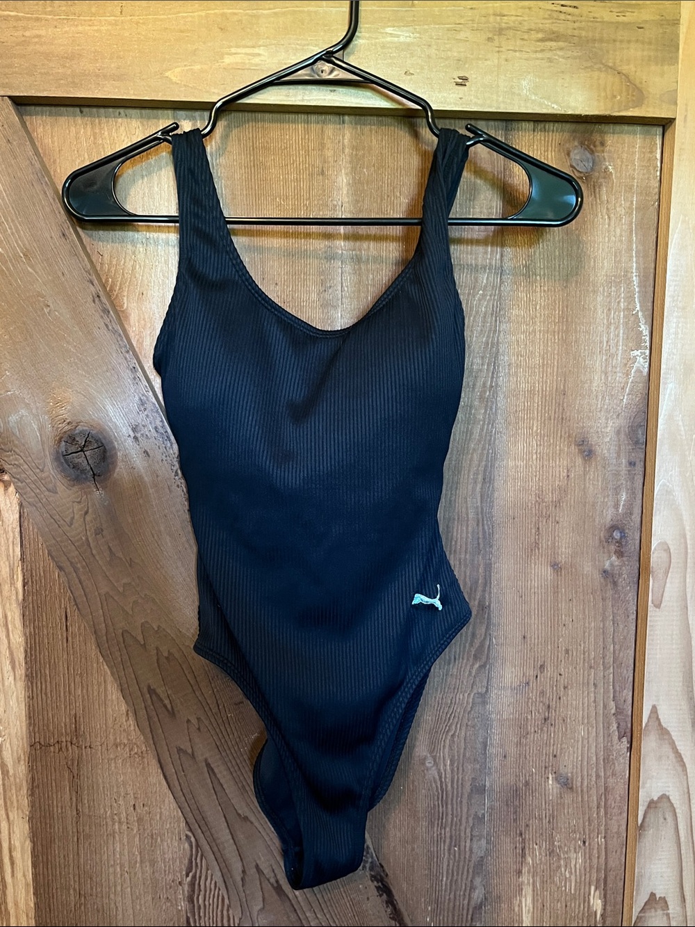 Puma Black Ribbed Kids One-Piece Swimwear with Silver Logo